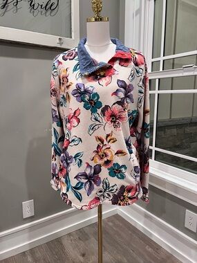 Floral Print Pullover Top with Contrast Collar - Cream/Multi